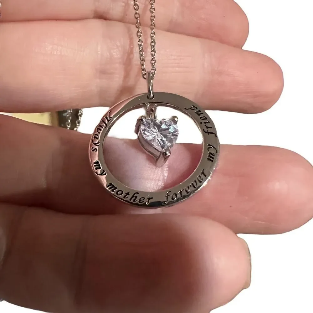 Always My Mother Forever My Friend Sterling Silver Heart CZ Necklace